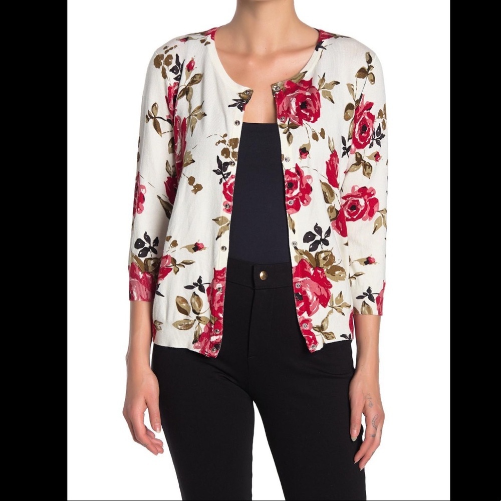 Premise Women Red Floral Button Cardigan/Sweater